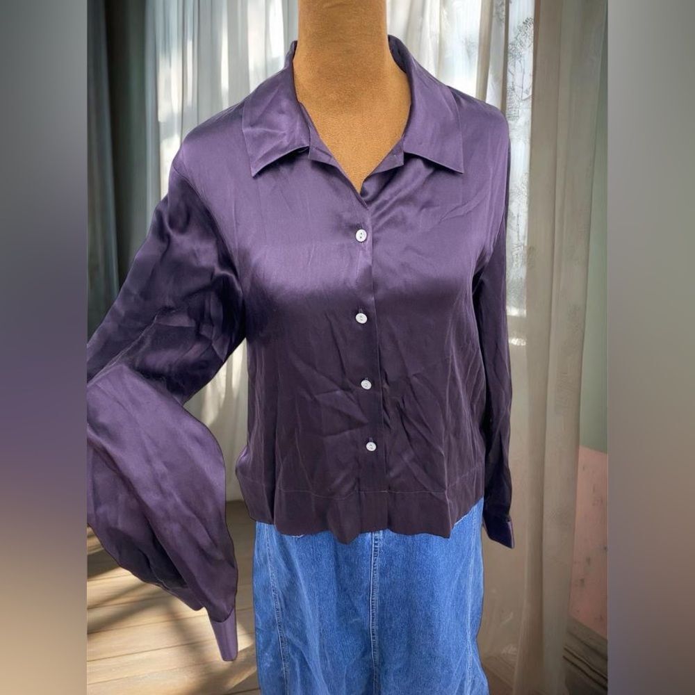 Vintage Quiet Luxury Whimsigoth 100% Silk Dark Purple Fall Button Up Blouse